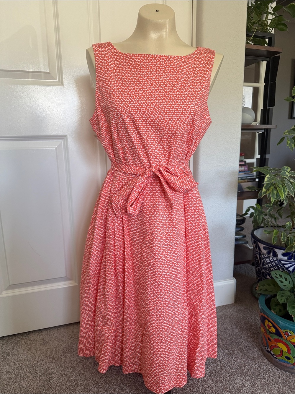 Vintage Coral Pink/Organge Midi Dress with Waist Tie - 80’s vintage